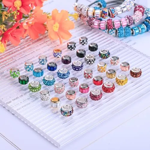 Aipridy 30 Pcs Lucky Beads Lover Pearls and Glass Rhinestones Amber Beads, Large Hole Spacer Beads European Craft Beads fit DIY Charms Bracelet Jewelry Making (Silver core 3 rows bicolor rhinestone)