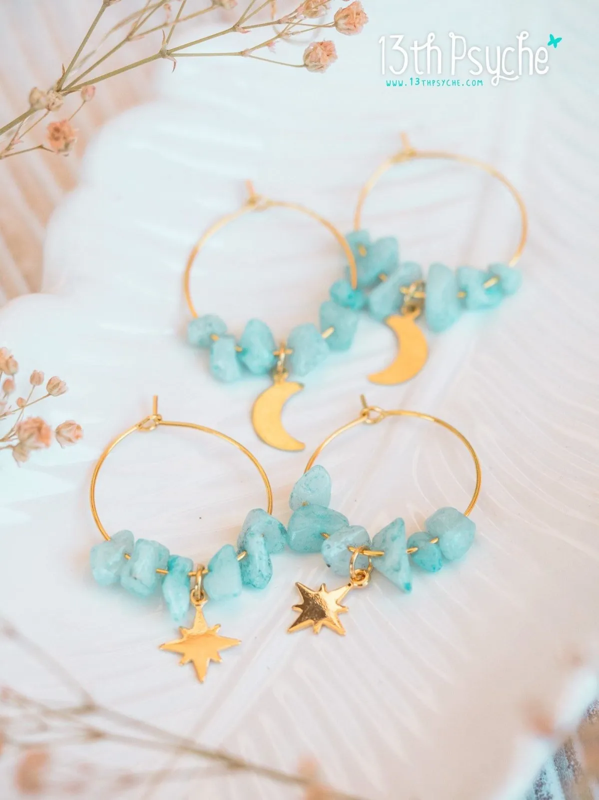 Amazonite hoop earrings  with moon or star charm