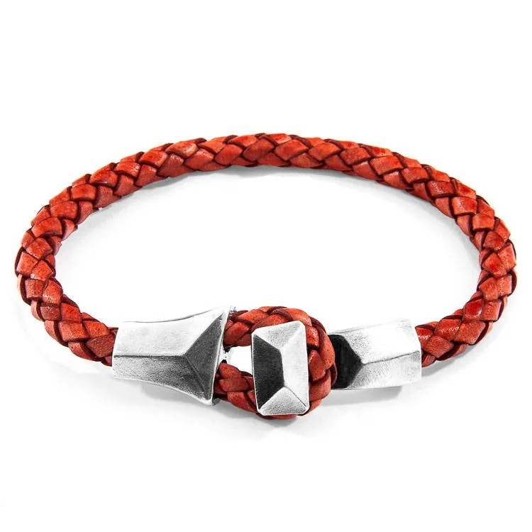 AMBER RED ALDERNEY SILVER AND BRAIDED LEATHER BRACELET