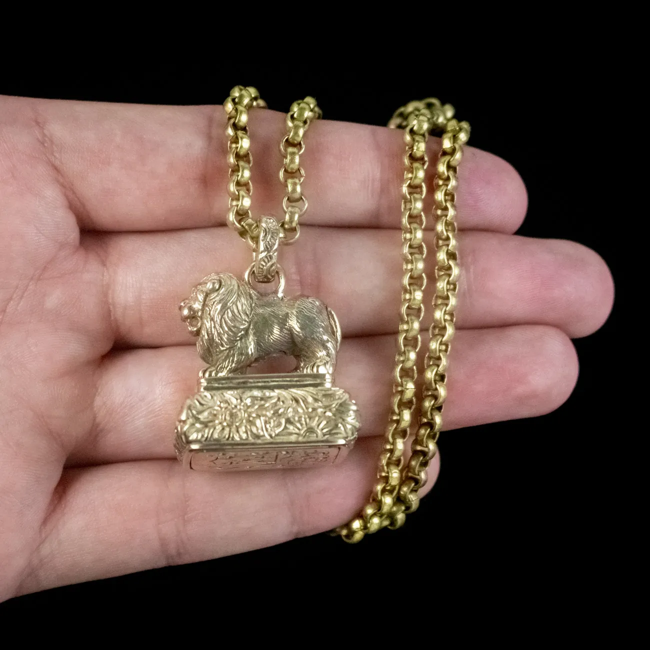 Antique Georgian Lion Intaglio Fob And Chain Necklace Circa 1800