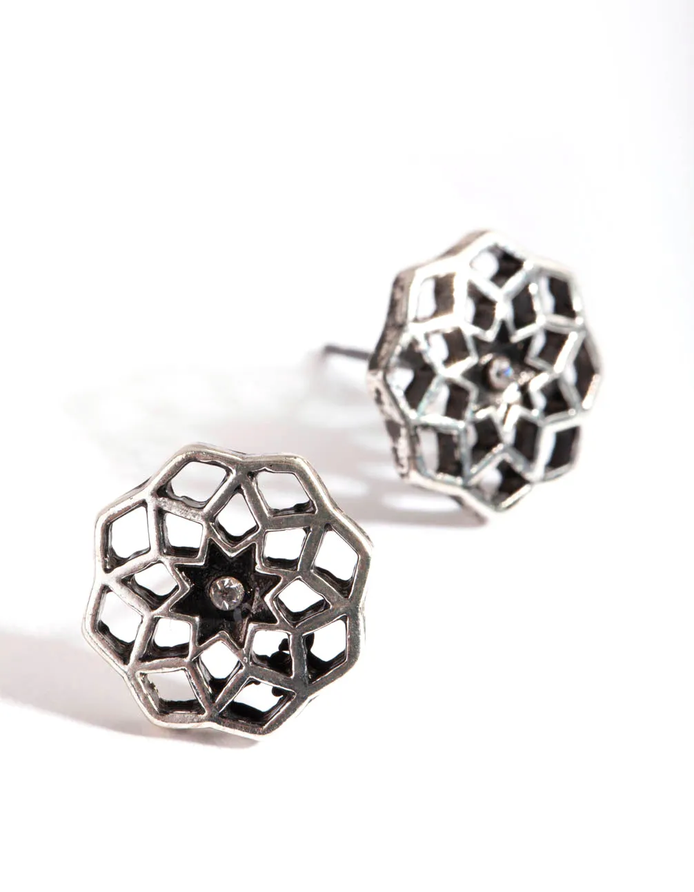 Antique Silver Geo Flower Earrings