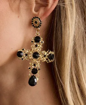 Arabella Gold and Black Statement Cross Earrings