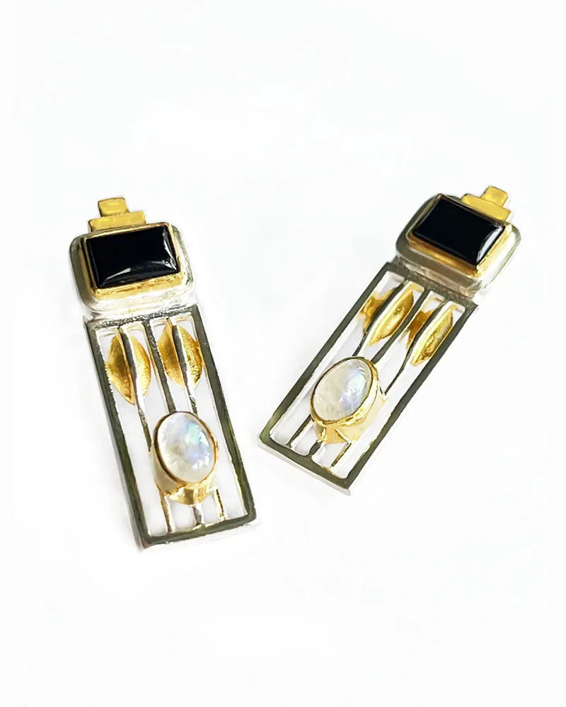 Art & Design Josef Hoffmann Silver Earrings with Black Onyx & Moonstone