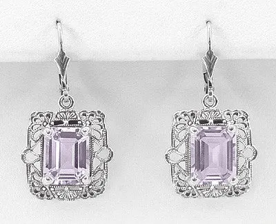 Art Deco Filigree Rose de France Amethyst Drop Earrings in Sterling Silver