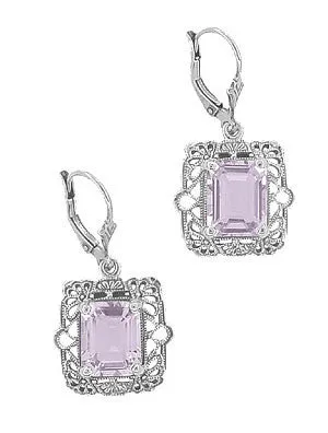 Art Deco Filigree Rose de France Amethyst Drop Earrings in Sterling Silver