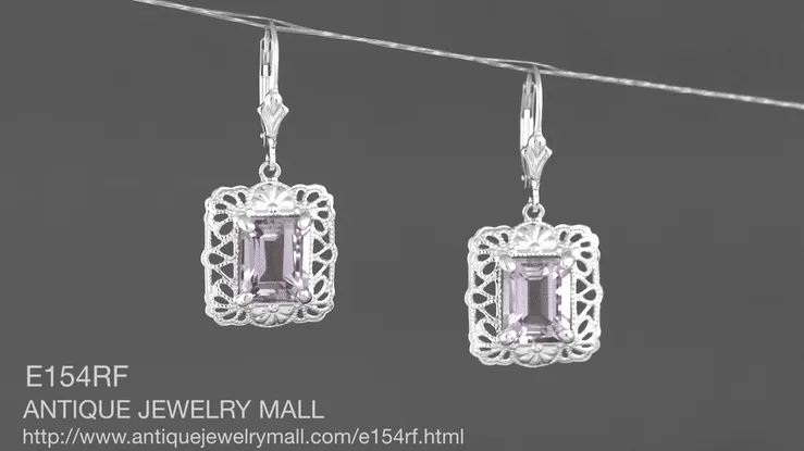 Art Deco Filigree Rose de France Amethyst Drop Earrings in Sterling Silver