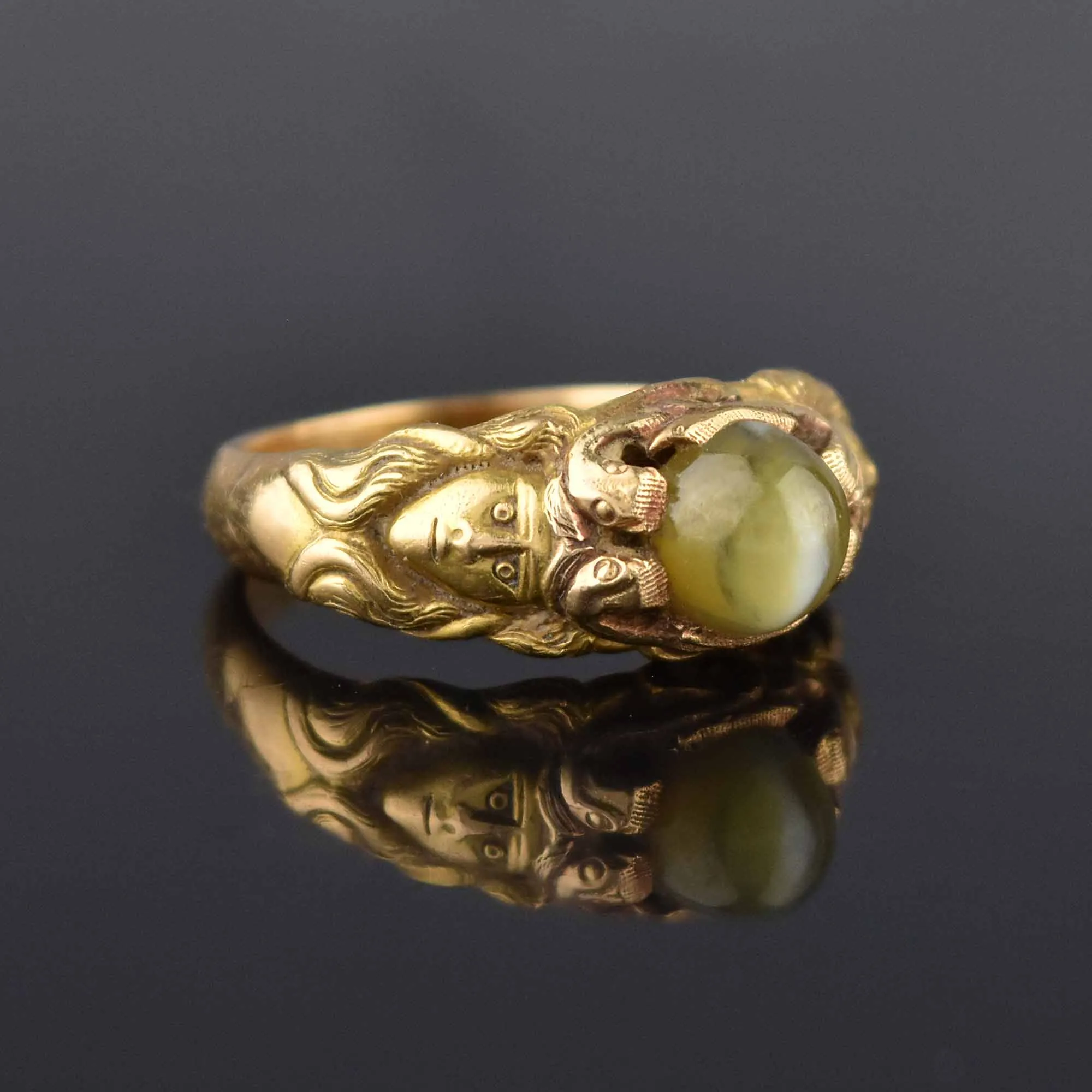 Art Nouveau 18K Gold Cat's Eye Chrysoberyl Ring, Figural Faces