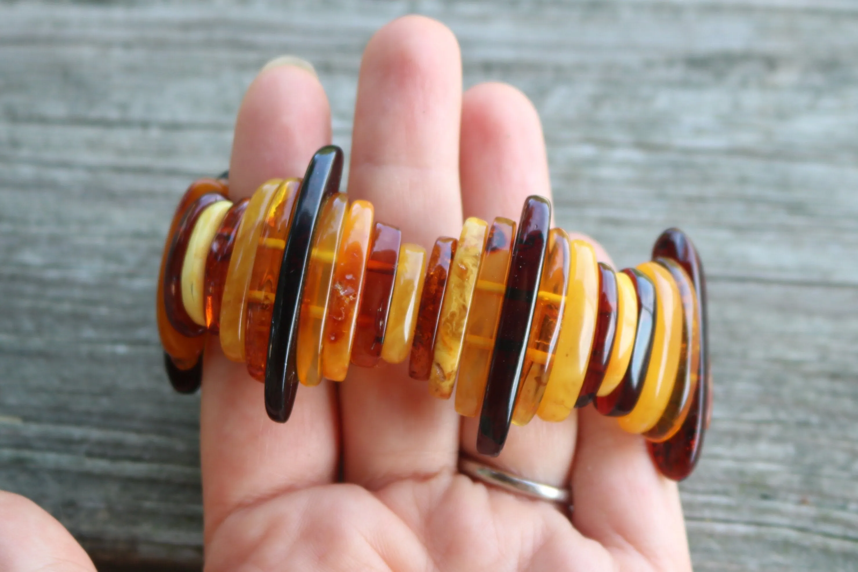 Baltic Amber Multicolor Slabs Bracelet Natural Unisex Stretch 38.6 gram