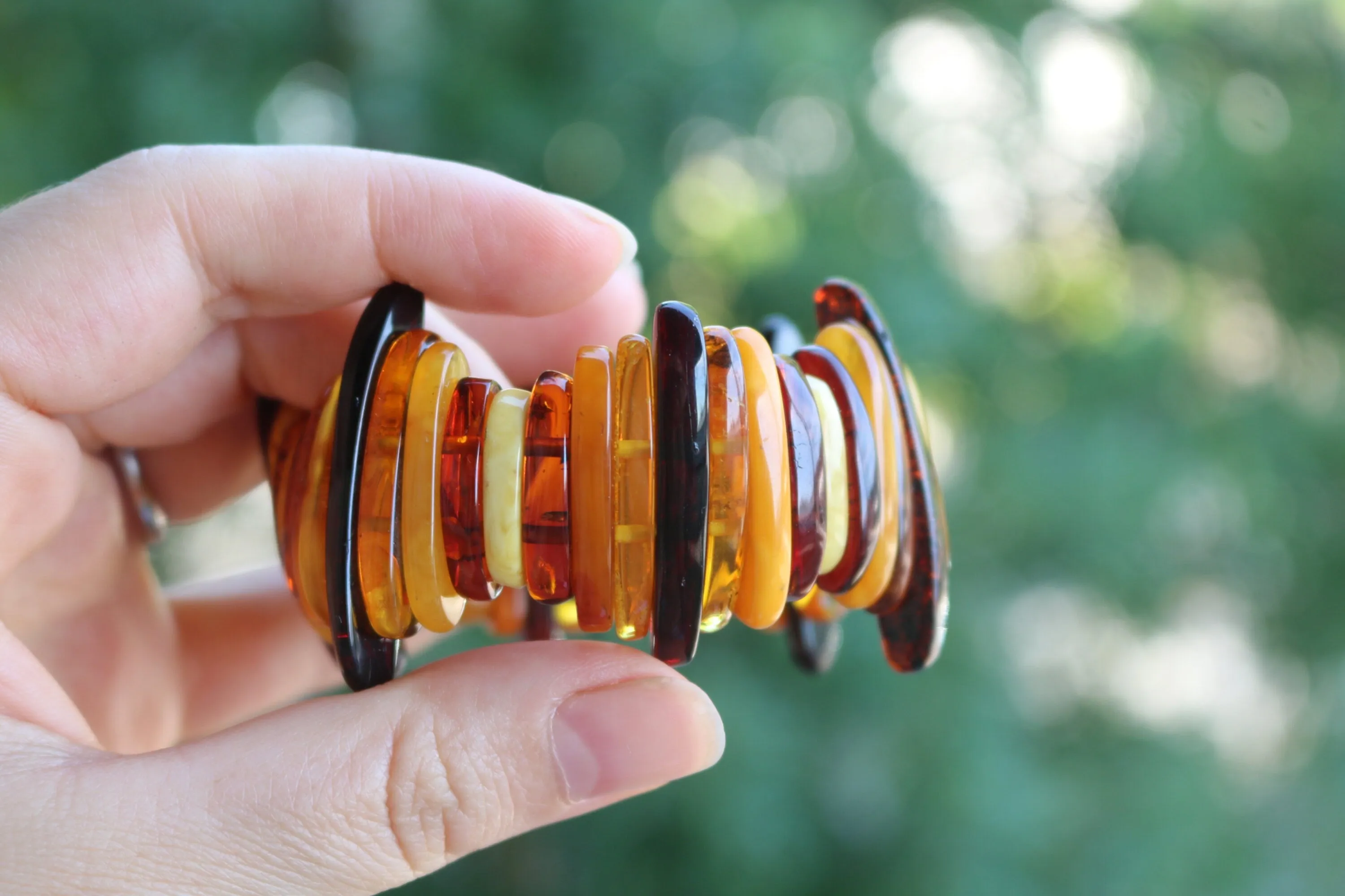 Baltic Amber Multicolor Slabs Bracelet Natural Unisex Stretch 38.6 gram