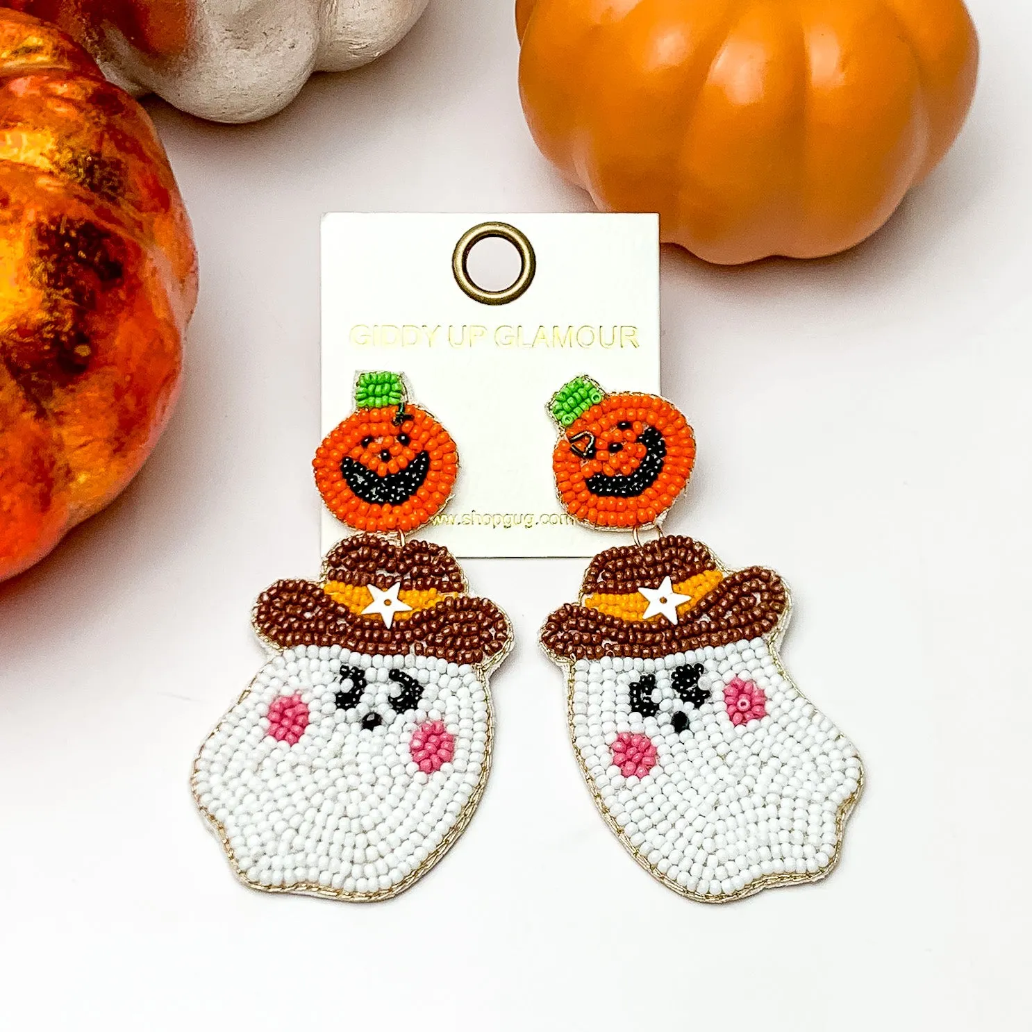 Beaded Cowboy Ghost Earrings with Orange Pumpkin Studs in White