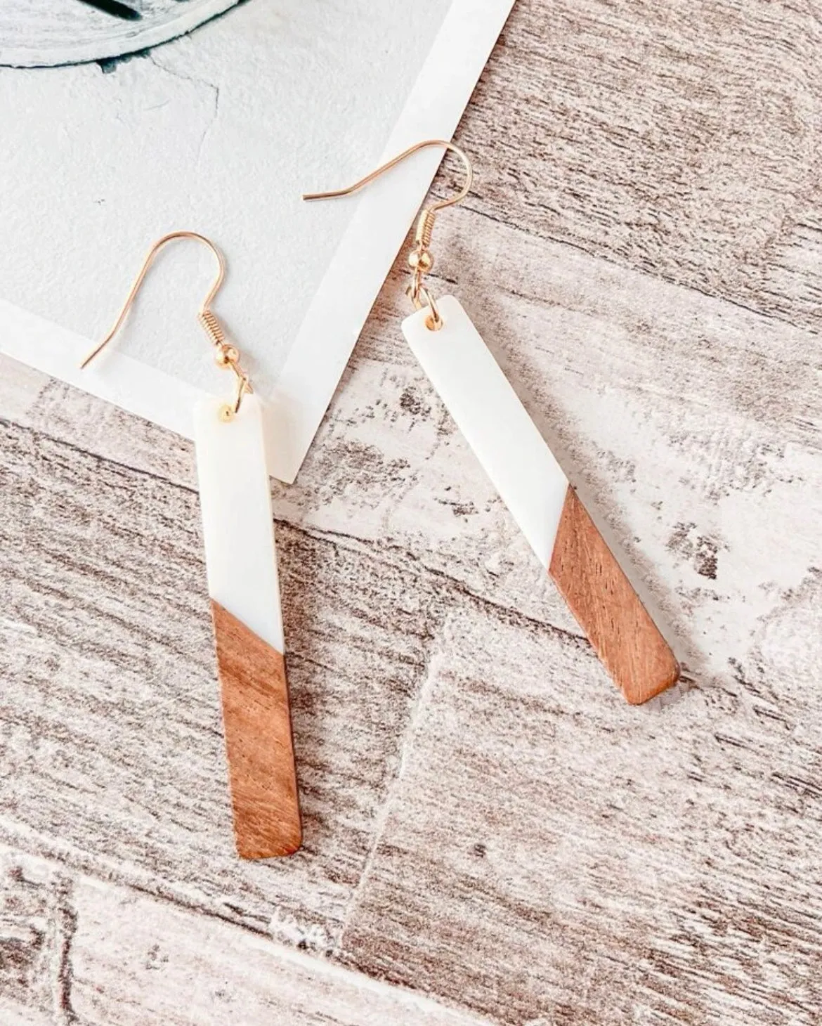 Beautiful Wood and White Resin Bar Earrings