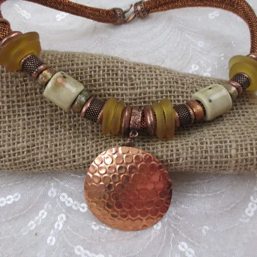 Big Bold Copper Pendant Necklace Metallic Cord Sea Glass Accents