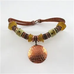 Big Bold Copper Pendant Necklace Metallic Cord Sea Glass Accents