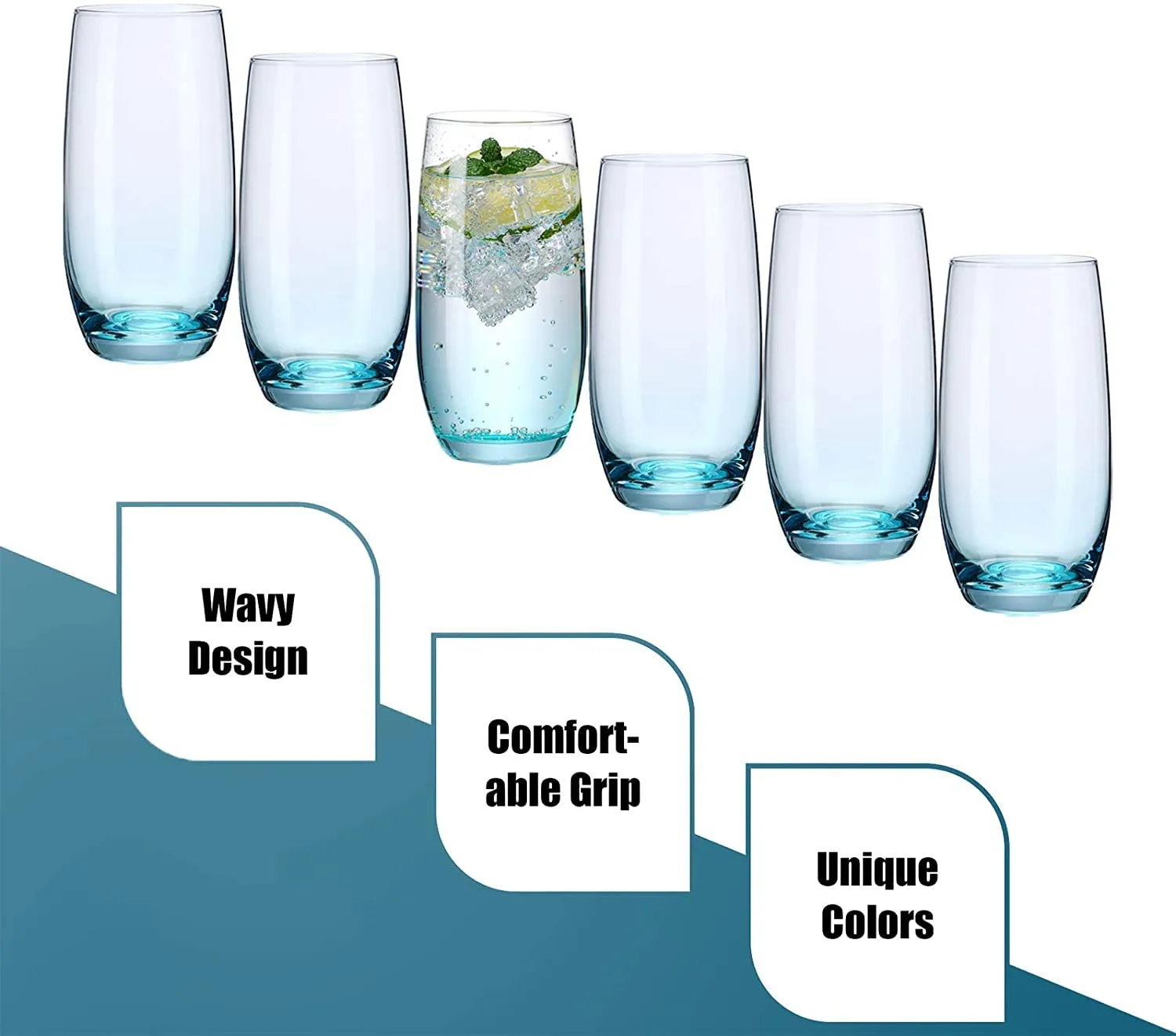 BINZO Glass Water Juice Glasses, Luxury Blue Base Color Glasses, 400 ml, Set of 6, Tumblers for Drinks, Mojito, Cold Drinks