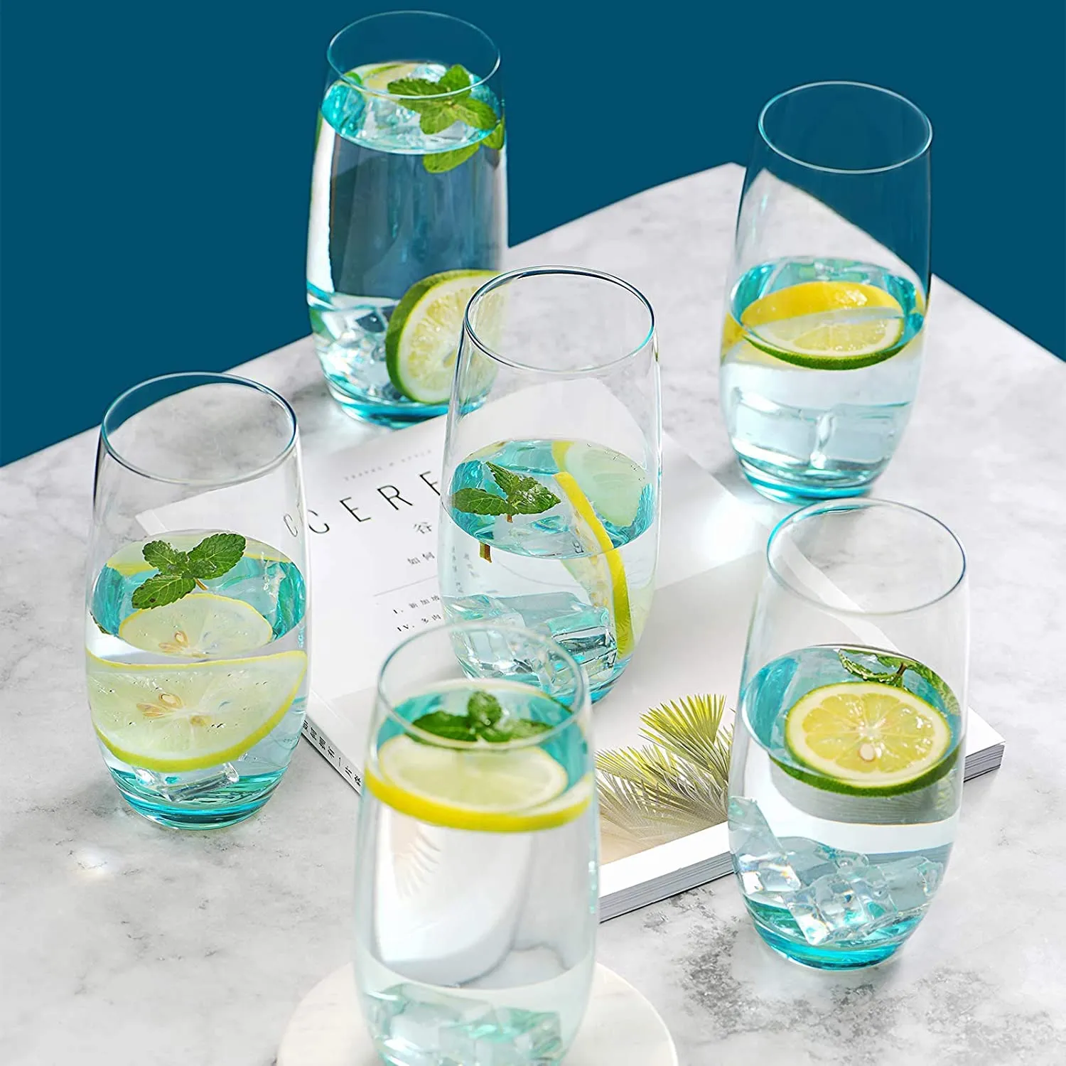 BINZO Glass Water Juice Glasses, Luxury Blue Base Color Glasses, 400 ml, Set of 6, Tumblers for Drinks, Mojito, Cold Drinks