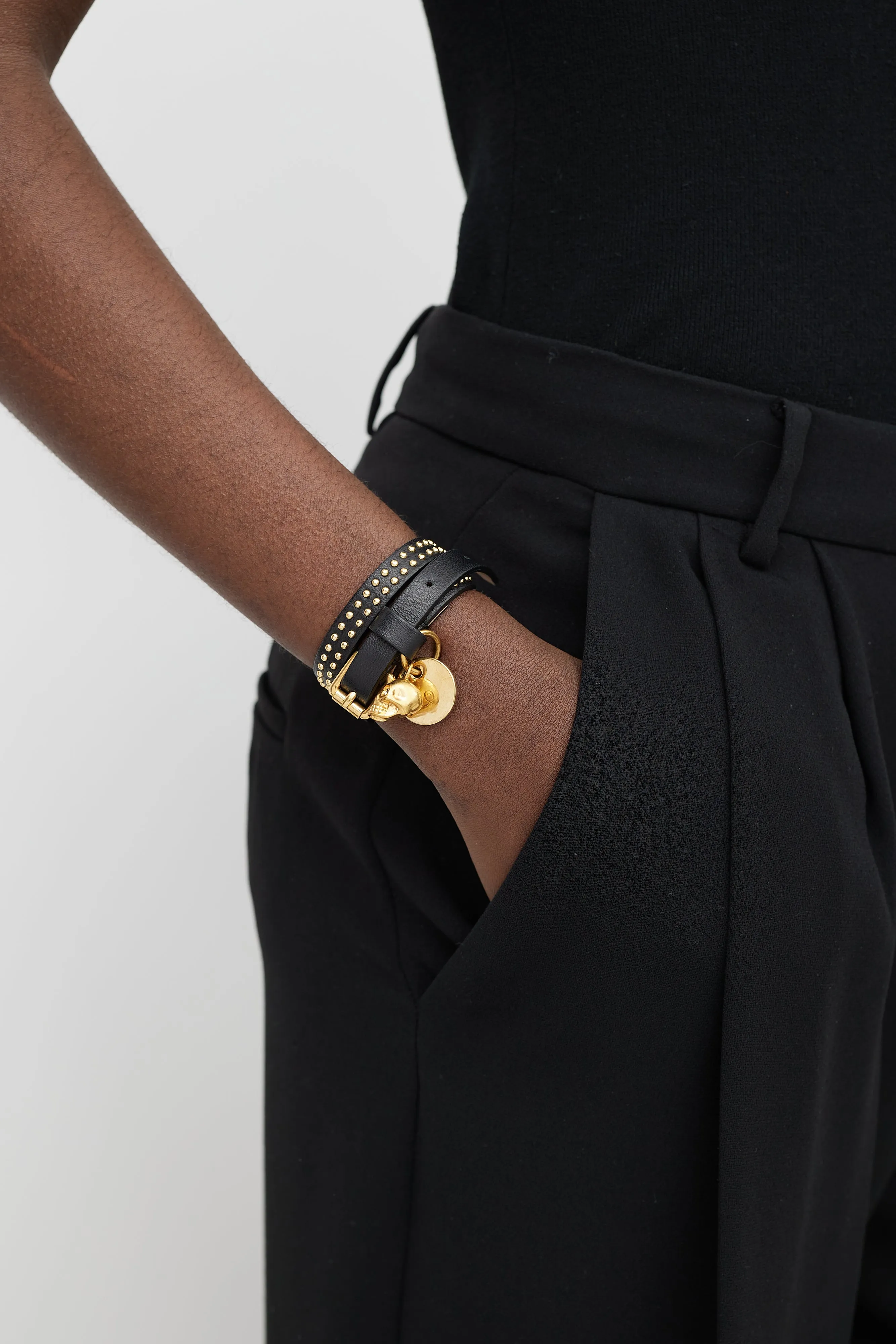 Black & Gold Leather Skull Wrap Bracelet