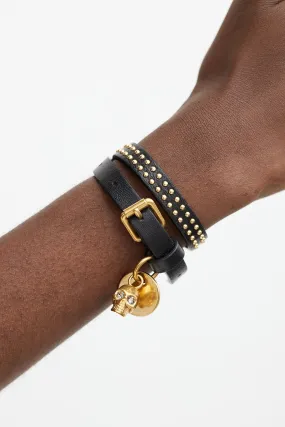 Black & Gold Leather Skull Wrap Bracelet