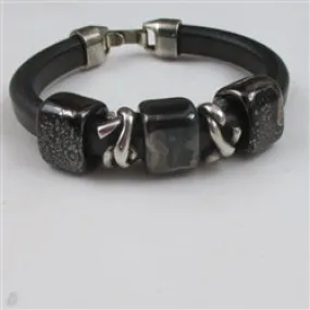 Black Leather Bracelet with  Handmade Ceramic Accents in a Plus Size