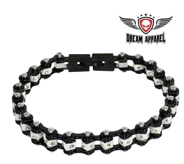 Black On Black Squared Motorcycle Bracelet With Clear Gemstones