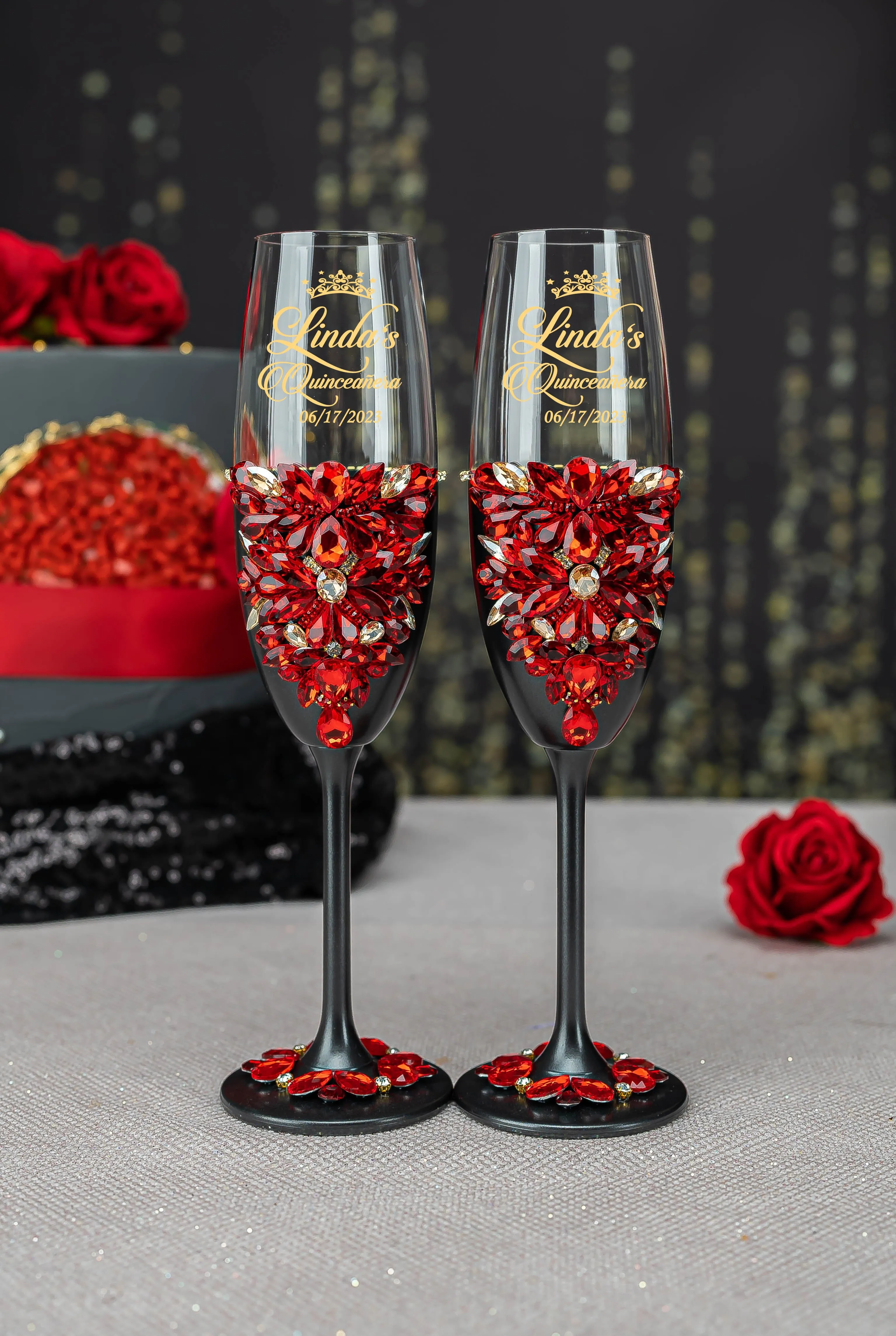 Black with Red 2 quinceanera champagne glasses