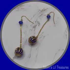 Blue Crystal and Gold Tone Chain Cage Bead Dangle Earrings - Handmade