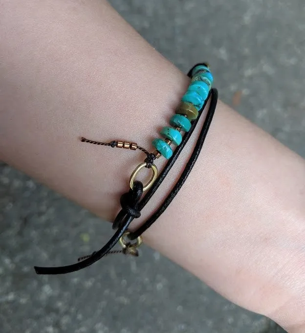 Boho Natural Turquoise Black Leather Wrap Bracelet