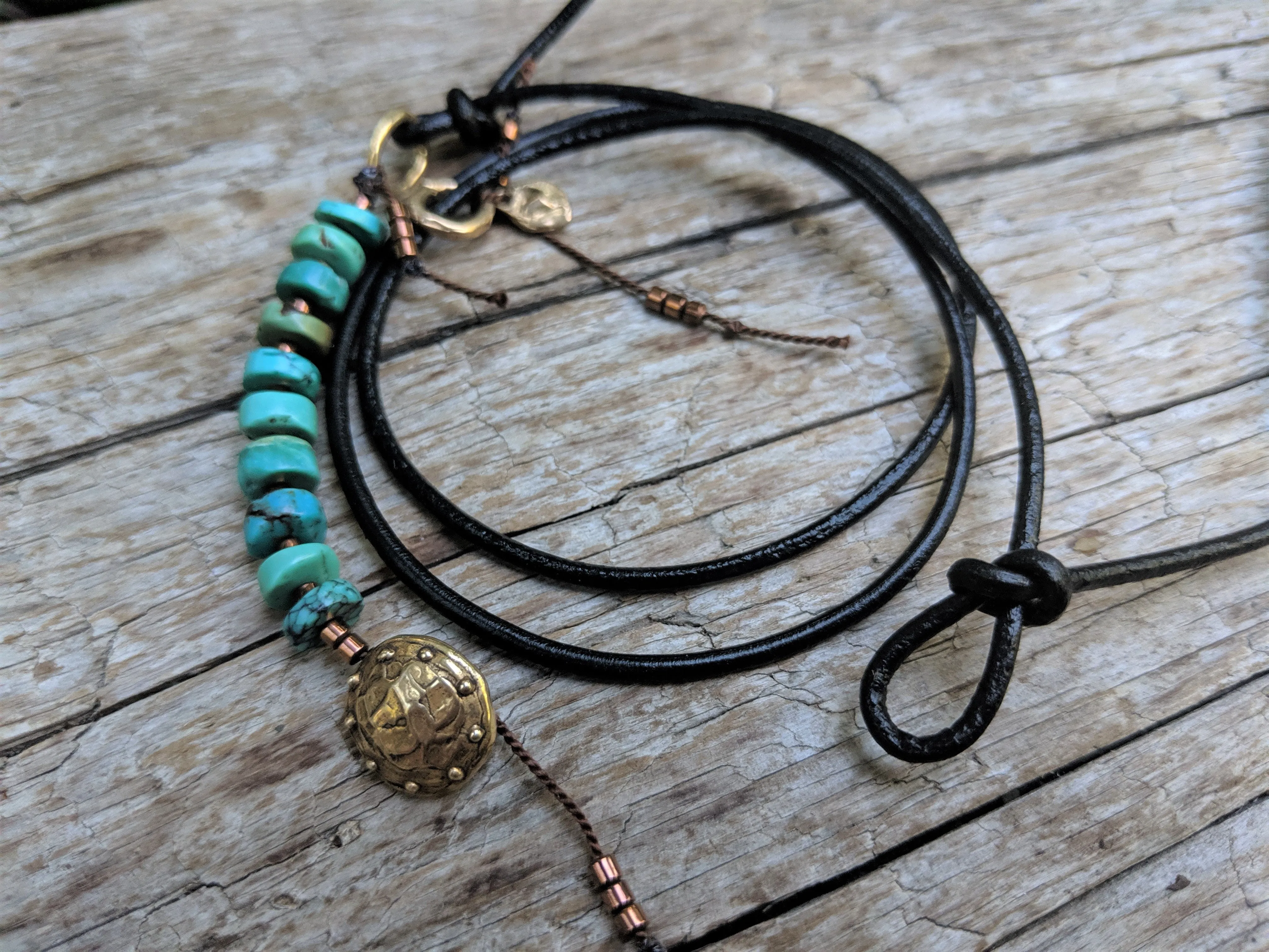 Boho Natural Turquoise Black Leather Wrap Bracelet