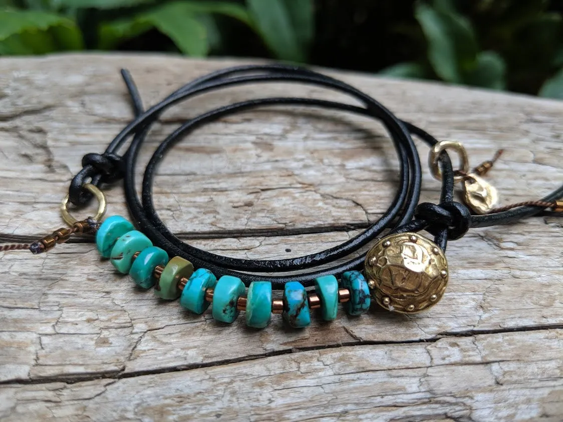 Boho Natural Turquoise Black Leather Wrap Bracelet