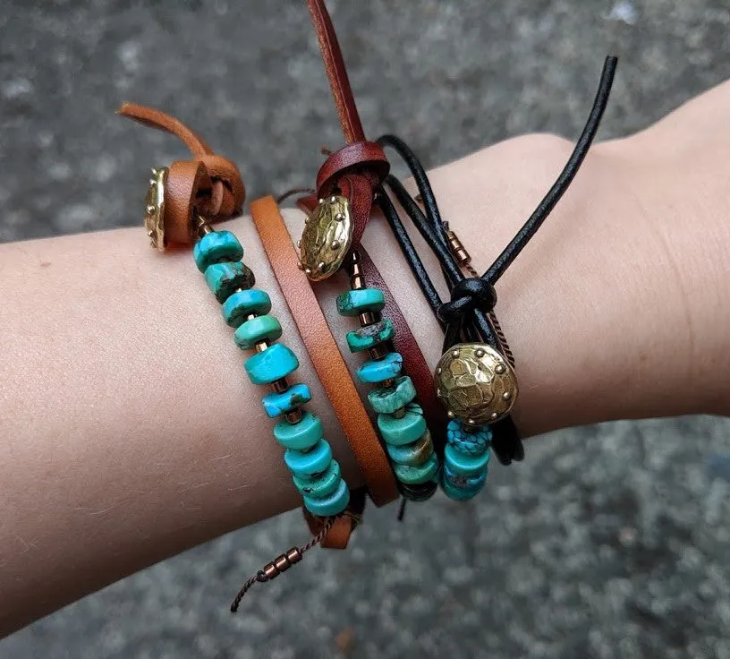 Boho Natural Turquoise Black Leather Wrap Bracelet