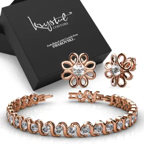 Boxed Venice Tennis Bracelet and Daffodil Stud Earrings Set Embellished with SWAROVSKI Crystals in Rose Gold