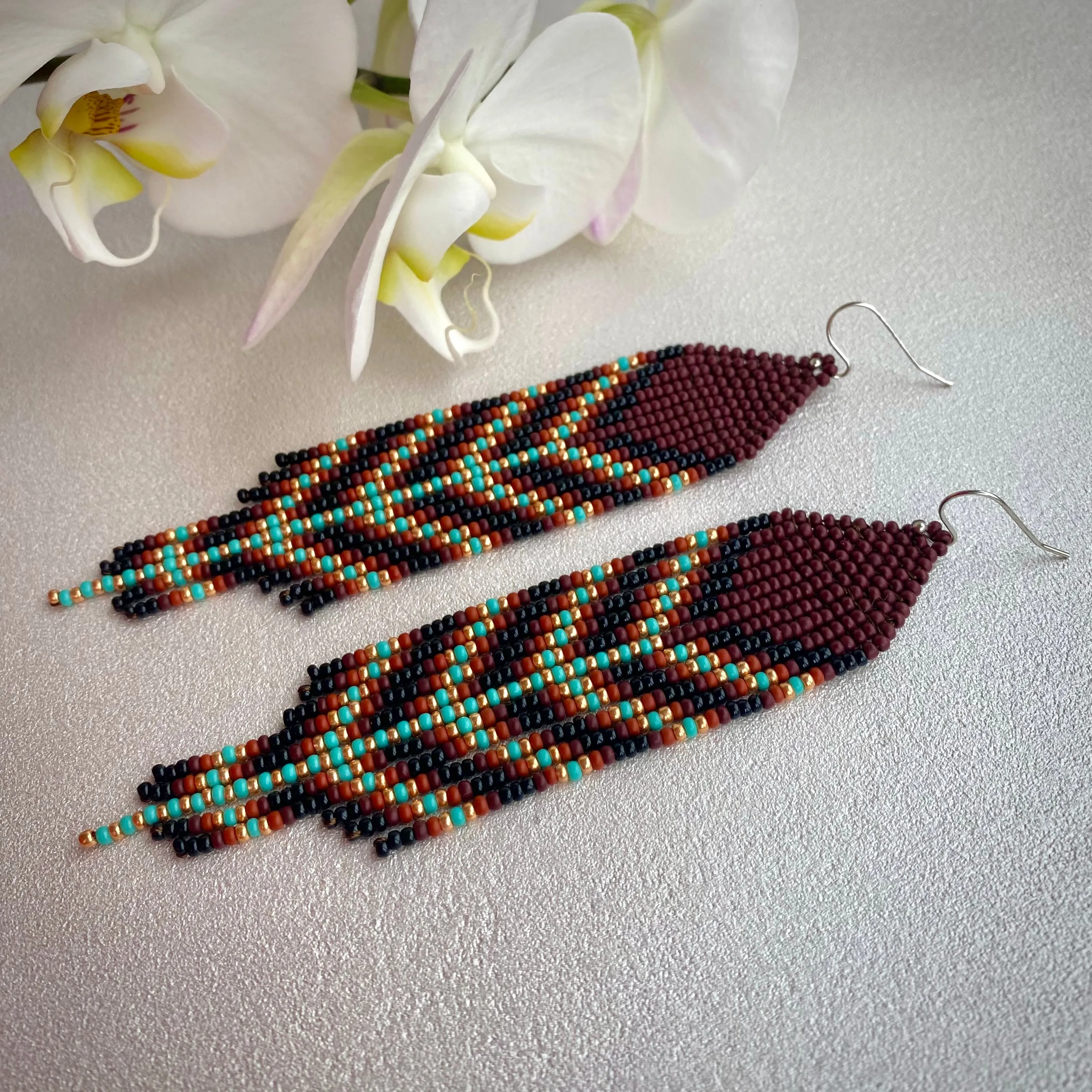 Brown Gold Turquoise Seed Bead Feather Earrings, Earthy Fringe Chandelier Earring, Very Long Dangle Western Earring