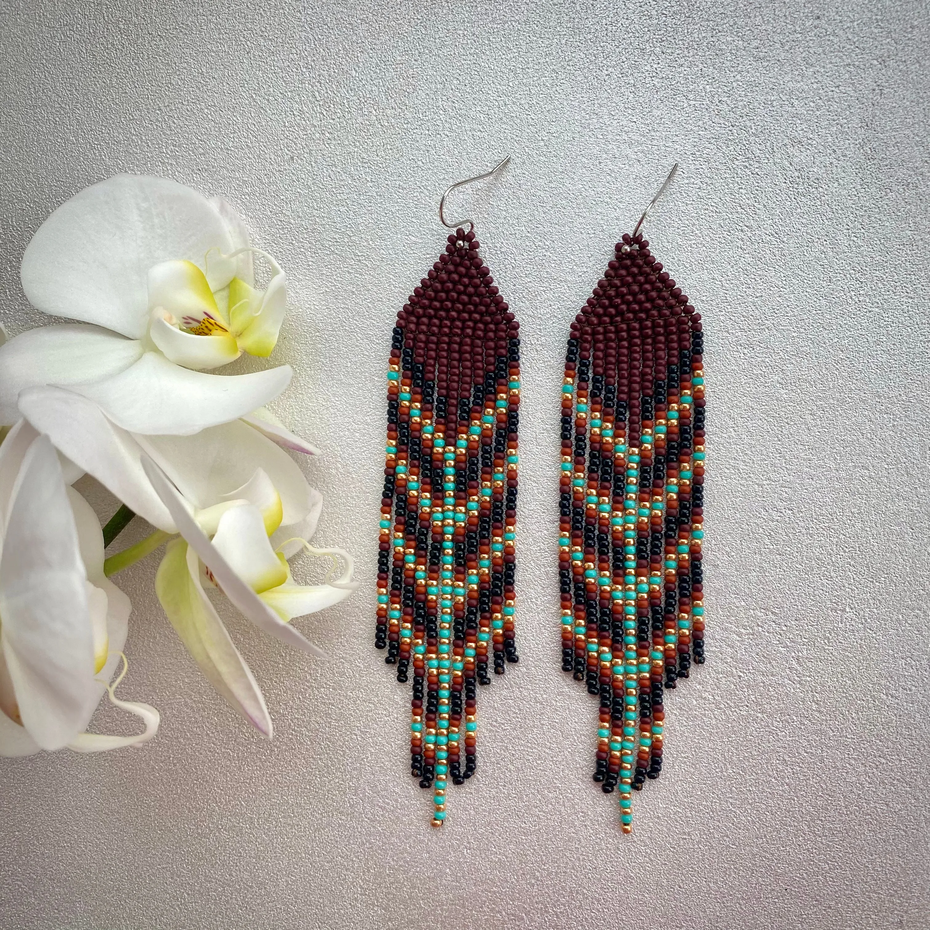 Brown Gold Turquoise Seed Bead Feather Earrings, Earthy Fringe Chandelier Earring, Very Long Dangle Western Earring