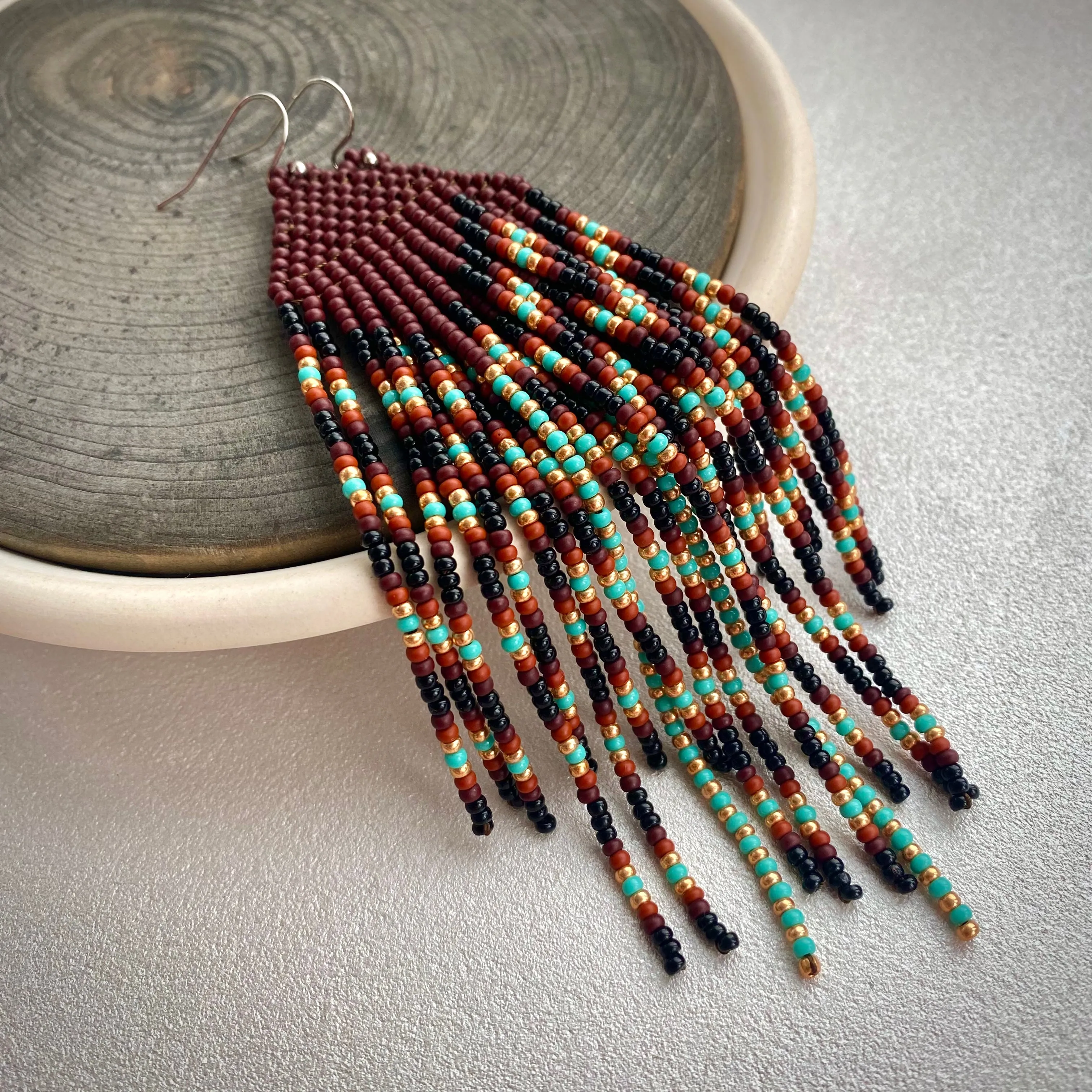 Brown Gold Turquoise Seed Bead Feather Earrings, Earthy Fringe Chandelier Earring, Very Long Dangle Western Earring