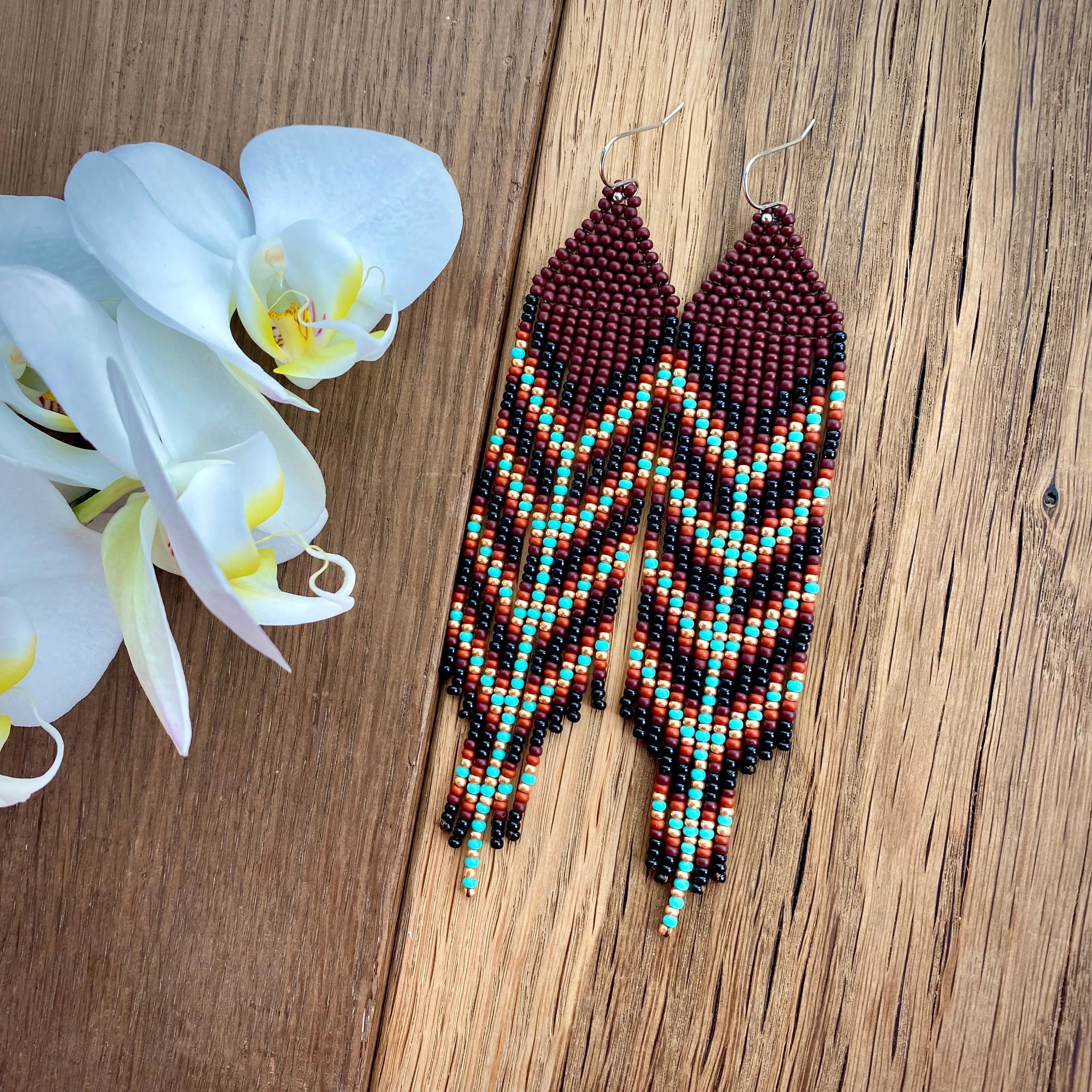 Brown Gold Turquoise Seed Bead Feather Earrings, Earthy Fringe Chandelier Earring, Very Long Dangle Western Earring