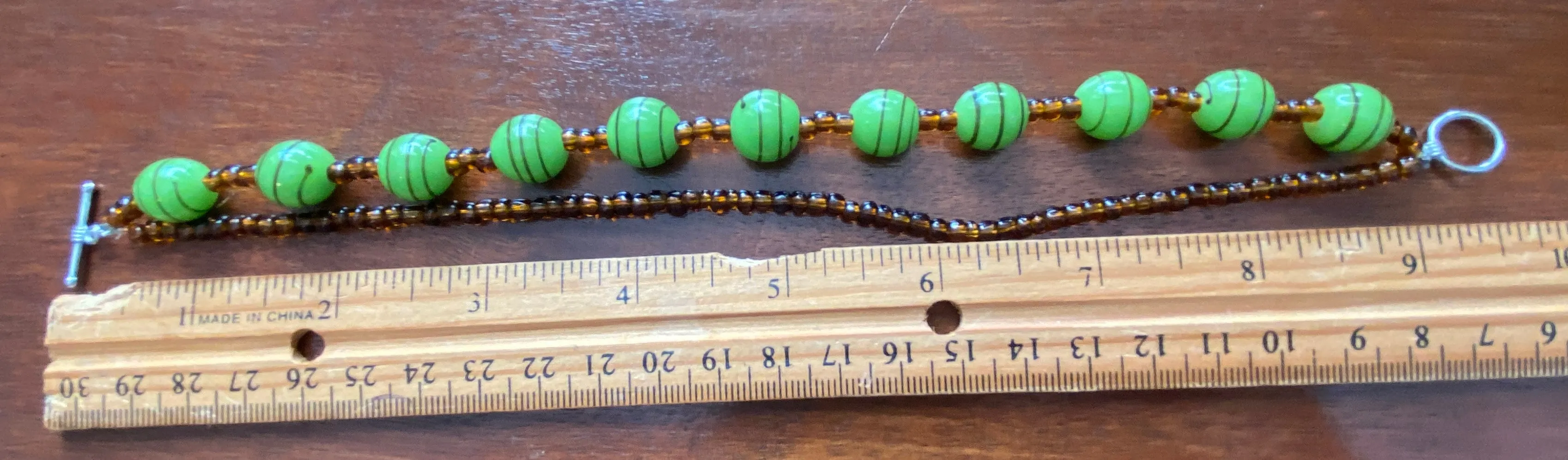 Brown/Amber Green Striped Bead Toggle Clasp Bracelet Anklet 9.75" Long