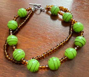 Brown/Amber Green Striped Bead Toggle Clasp Bracelet Anklet 9.75" Long