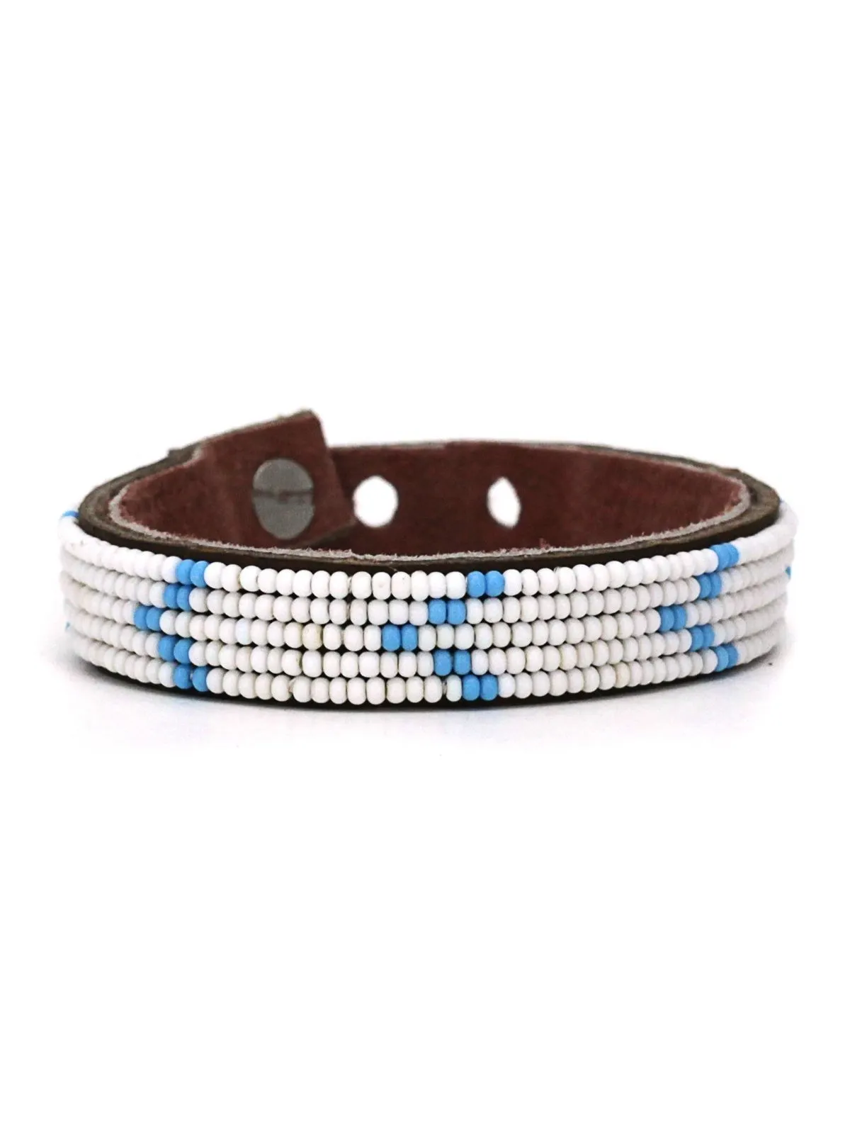 Chevron Light Blue Beaded Leather Cuff