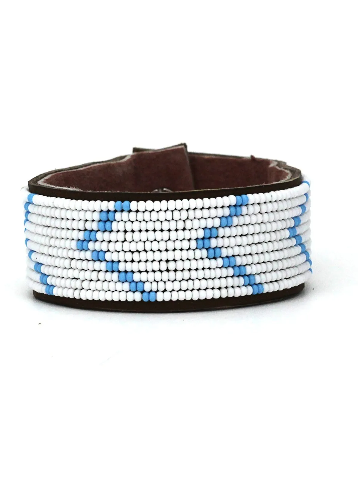 Chevron Light Blue Beaded Leather Cuff