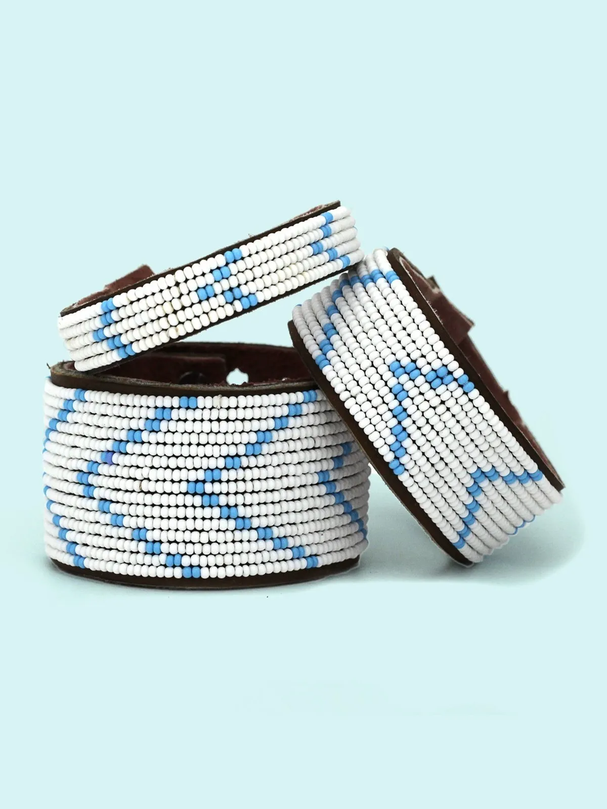 Chevron Light Blue Beaded Leather Cuff