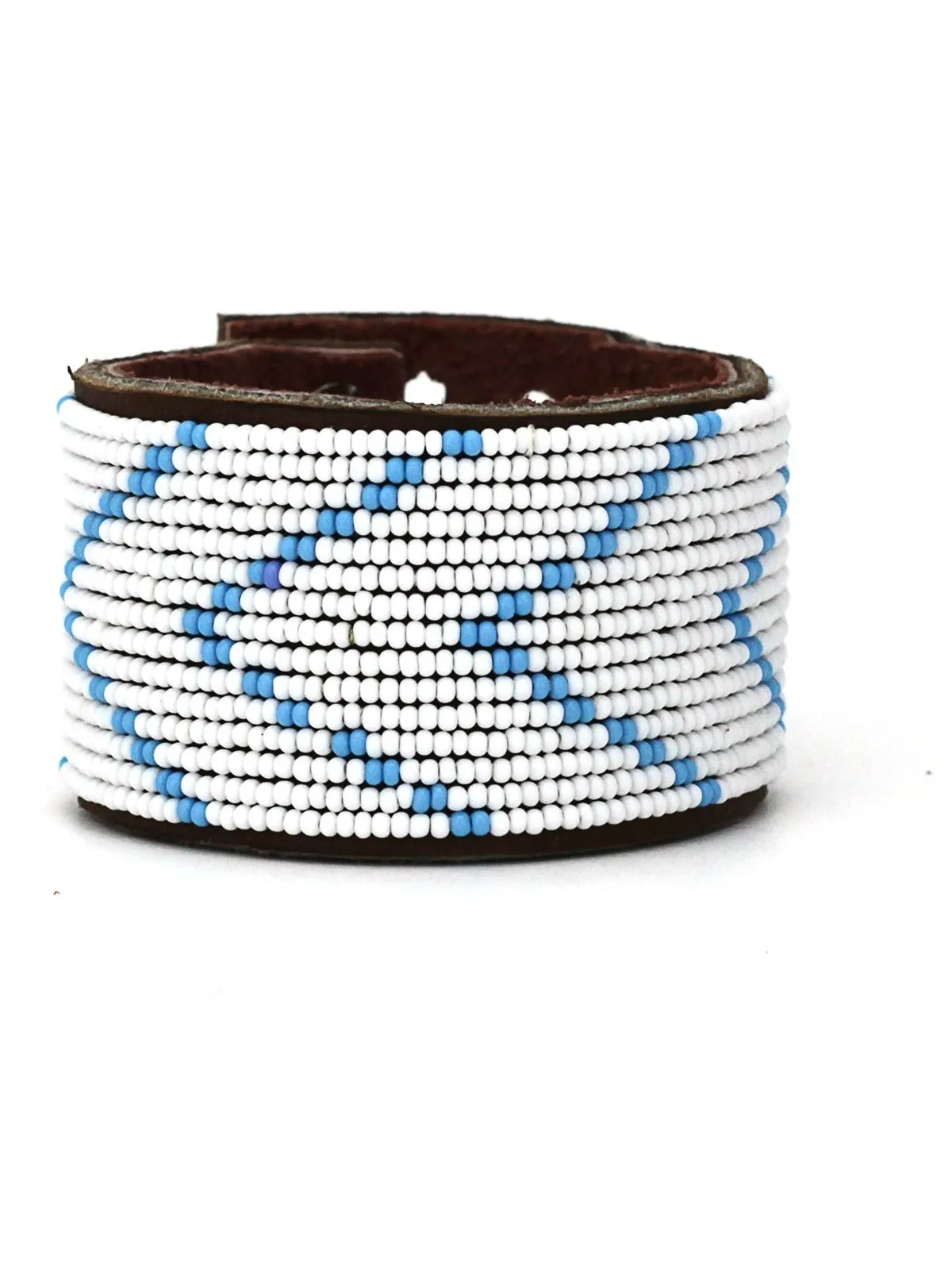 Chevron Light Blue Beaded Leather Cuff