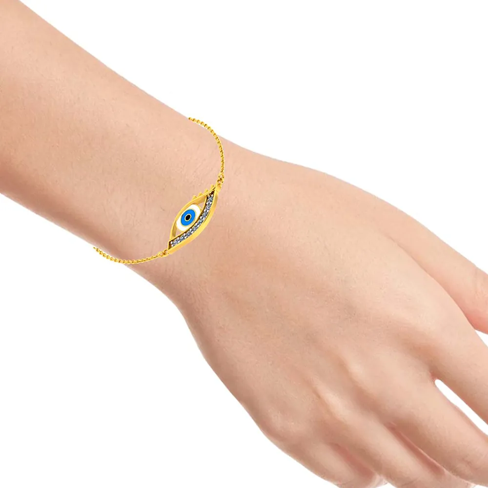 Chic And Stylish 18k Gold And Diamond Studded Evil Eye Bracelet For Women Pc Chandra Diamond Collection