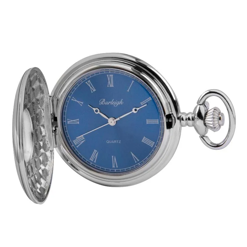 Chrome Half Hunter Blue Face Pocket Watch by Burleigh with Stand CHR1973