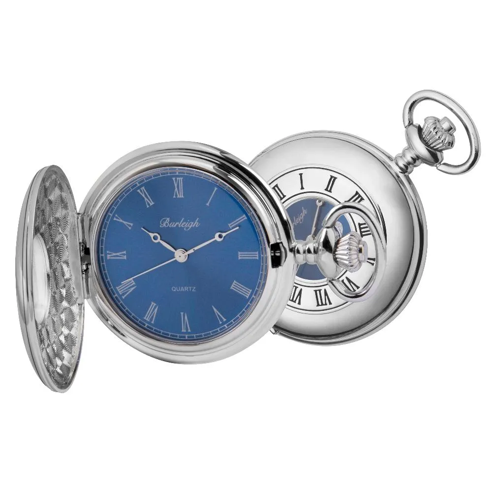 Chrome Half Hunter Blue Face Pocket Watch by Burleigh with Stand CHR1973