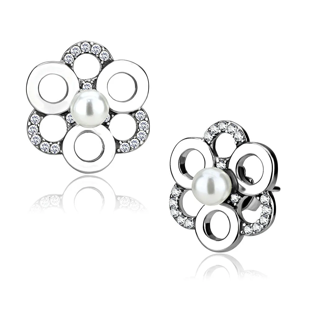 CJ214 Wholesale Women's Stainless Steel Synthetic White Pearl Flower Cuff Earrings