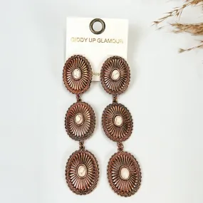 Concho Drop Earrings with White Stones in Copper Tone