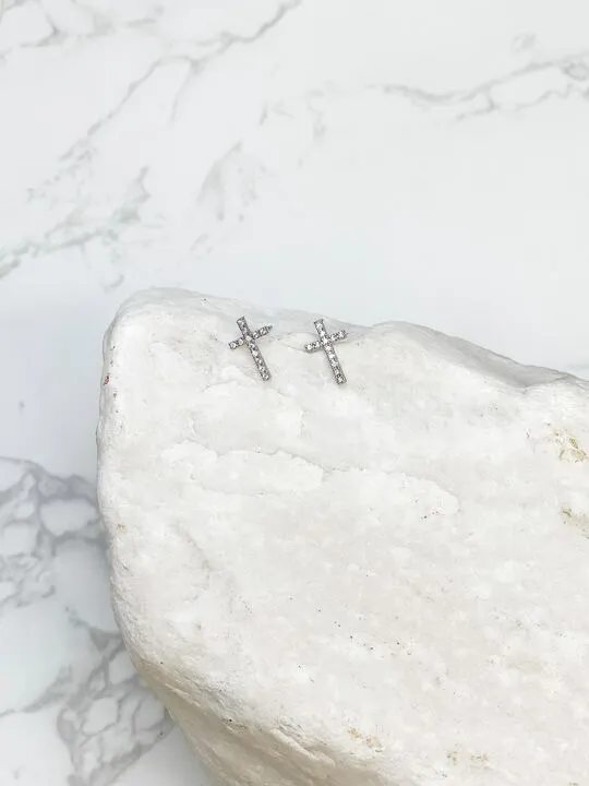 Crystal Cross Stud Earrings - Silver