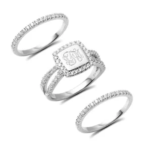 Custom Engraved Monogram Stackable Rings with Cubic Zirconia Stones