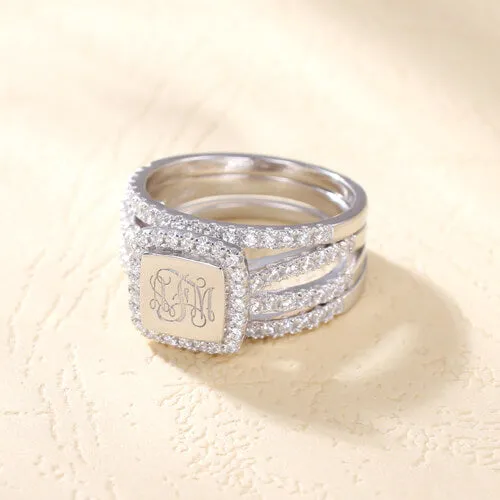 Custom Engraved Monogram Stackable Rings with Cubic Zirconia Stones