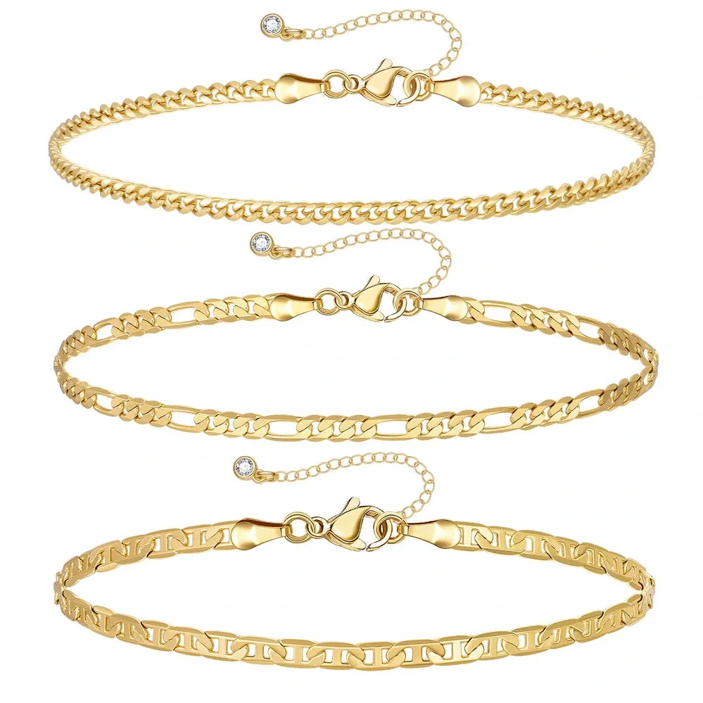 Dainty 14k Gold Plated Layering Anklets Bracelets Set- Stud & 3mm Cuban & Figaro