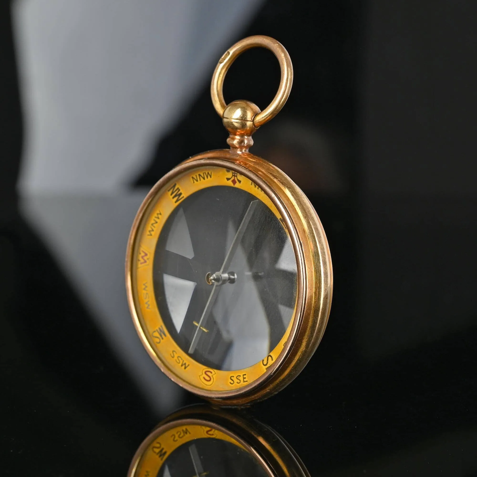 DEPOSIT ON HOLD Large Antique 15K Gold Working Compass Fob Pendant w Case